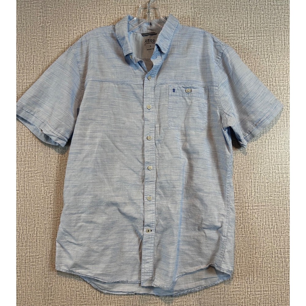 IZOD Saltwater Men Large Short Sleeve Button Down Shirt Blue Summer Preppy Light
